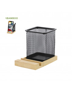 Porta Lápices Manish metálico con base de bambú y soporte