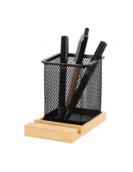 Porta Lápices Manish metálico con base de bambú y soporte