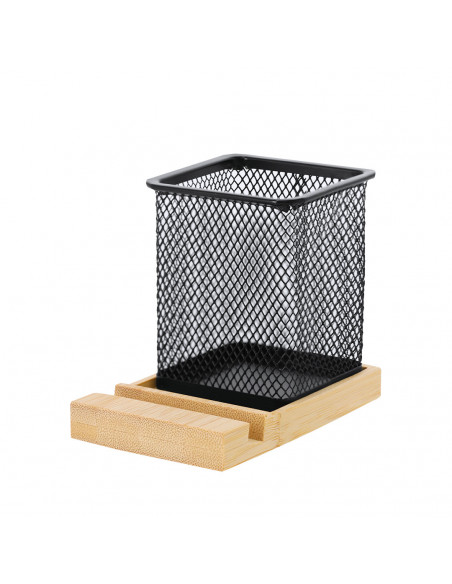Porta Lápices Manish metálico con base de bambú y soporte